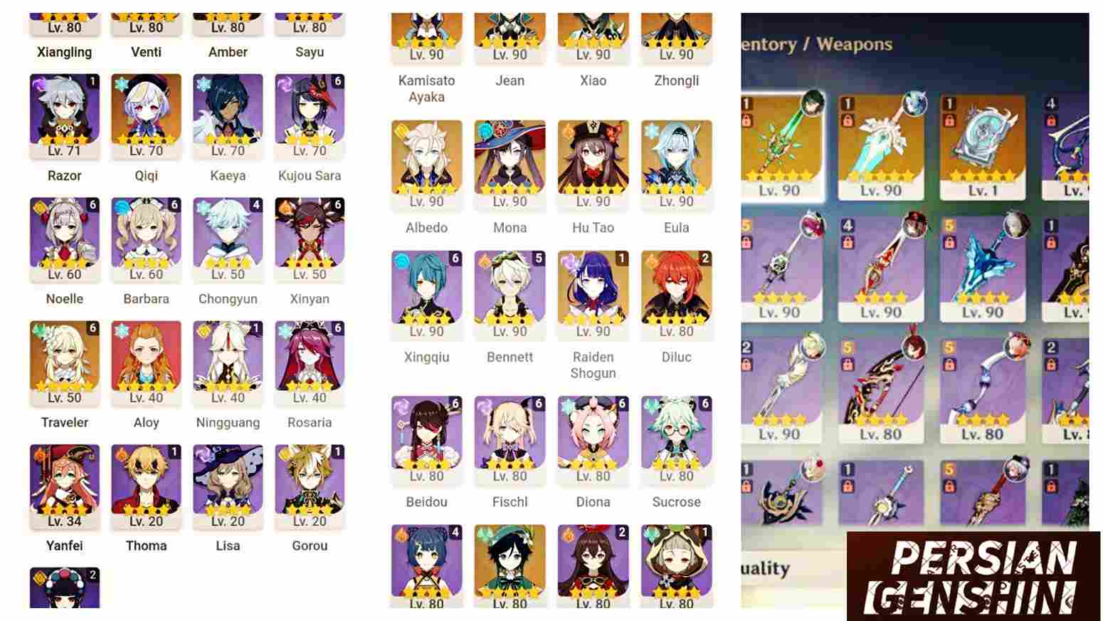 Raiden Shogun- Diluc= Jean- Eula- Hu Tao- Xiao- Venti- Zhongli- Albedo- Kamisato Ayaka- Qiqi- Mona