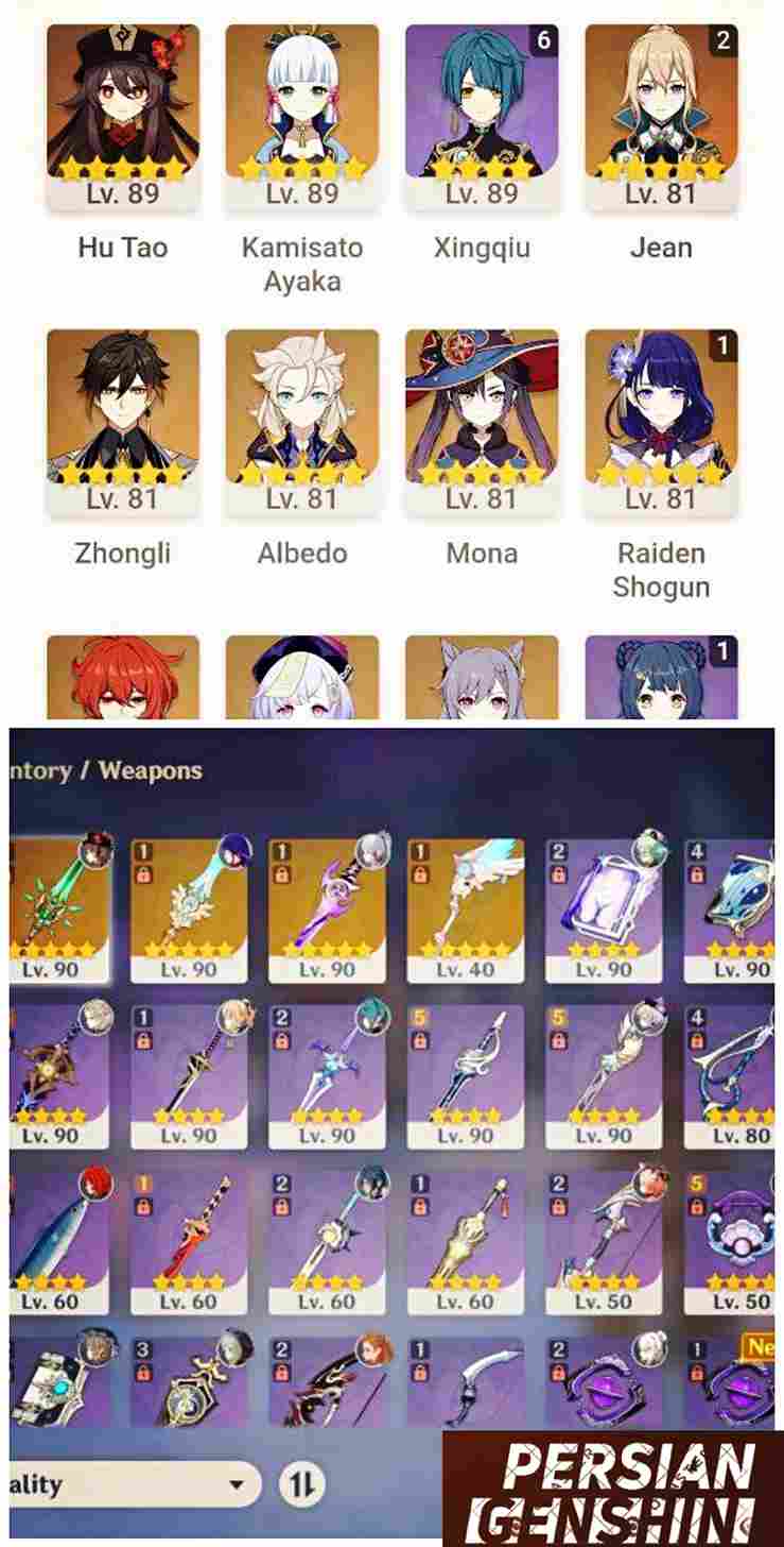 Zhongli- Ayaka- Raiden Shogun- Mona- Hu Tao- Albedo- Qiqi- Jean- Keqing- Diluc